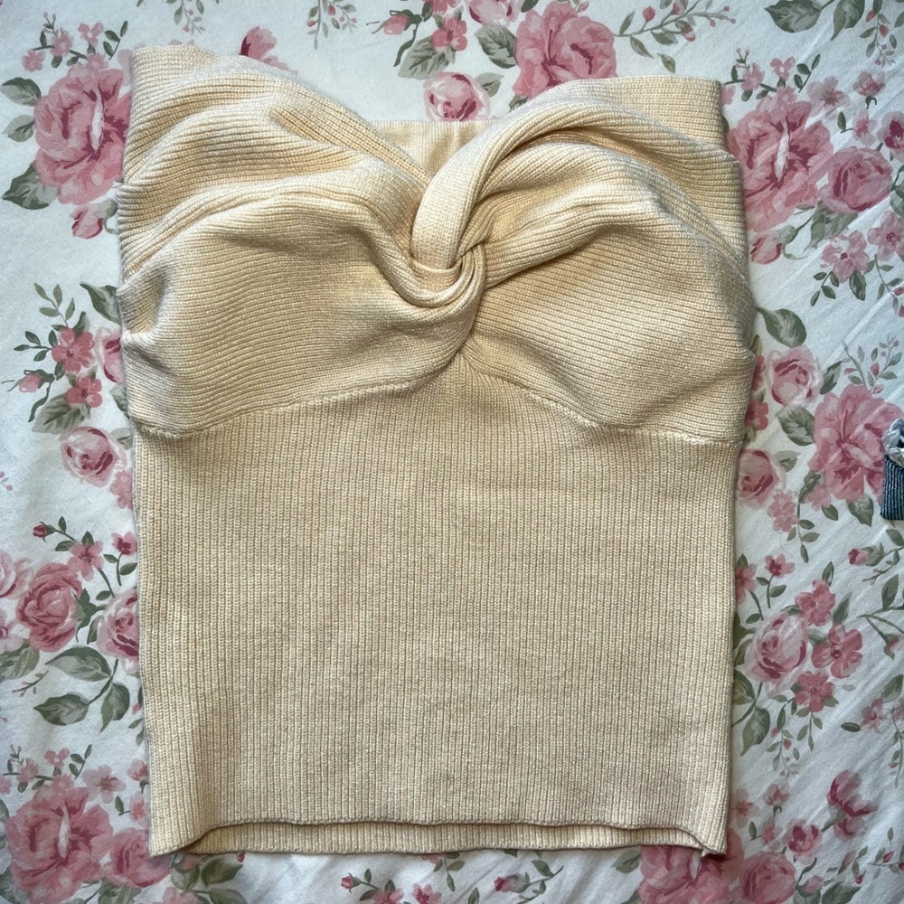 Cream Knitted Twist-Front Top